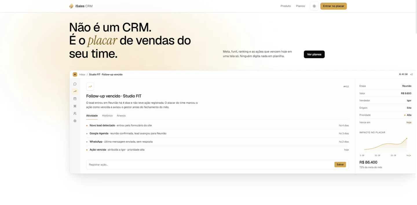 Captura integral da página inicial de iSales CRM