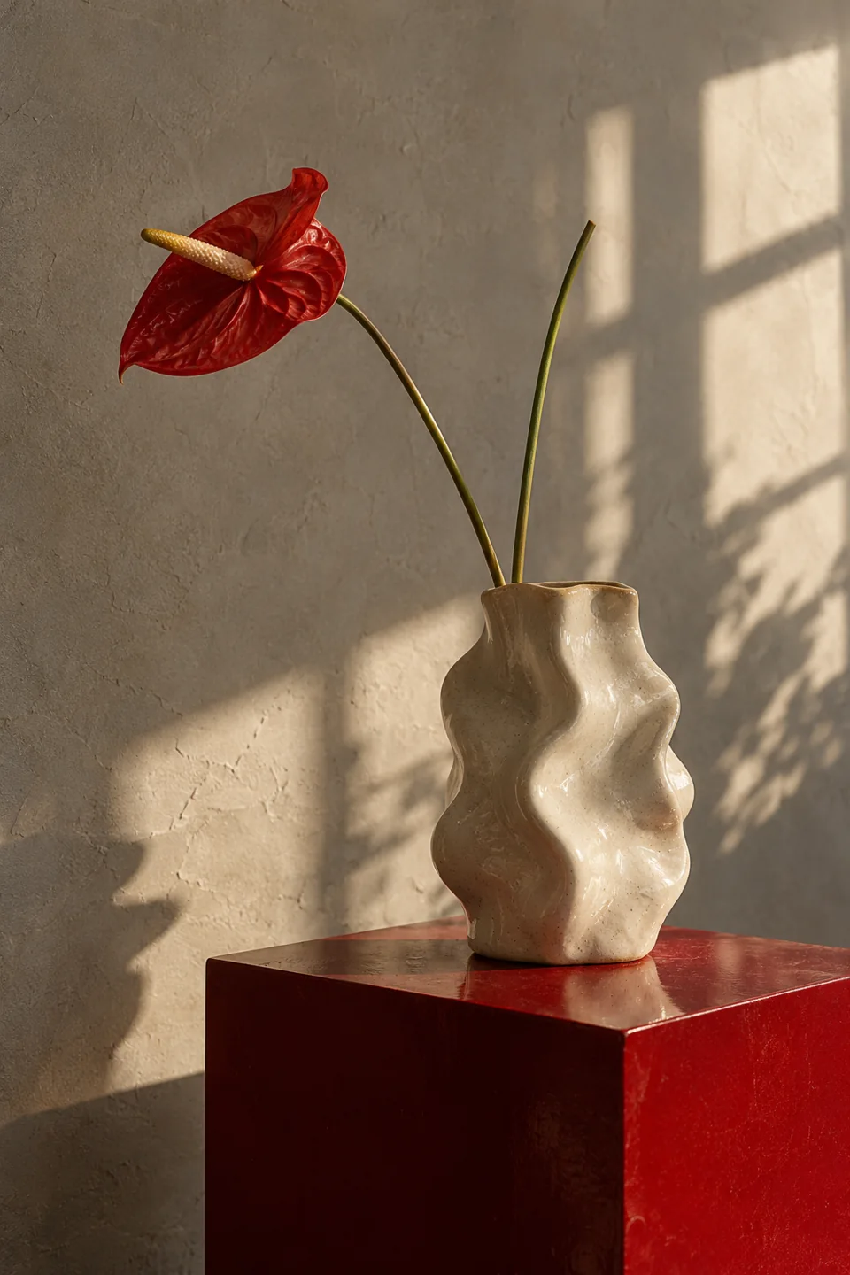 Estudo visual: vaso de cerâmica com flor vermelha, luz de janela e pedestal vermelho.