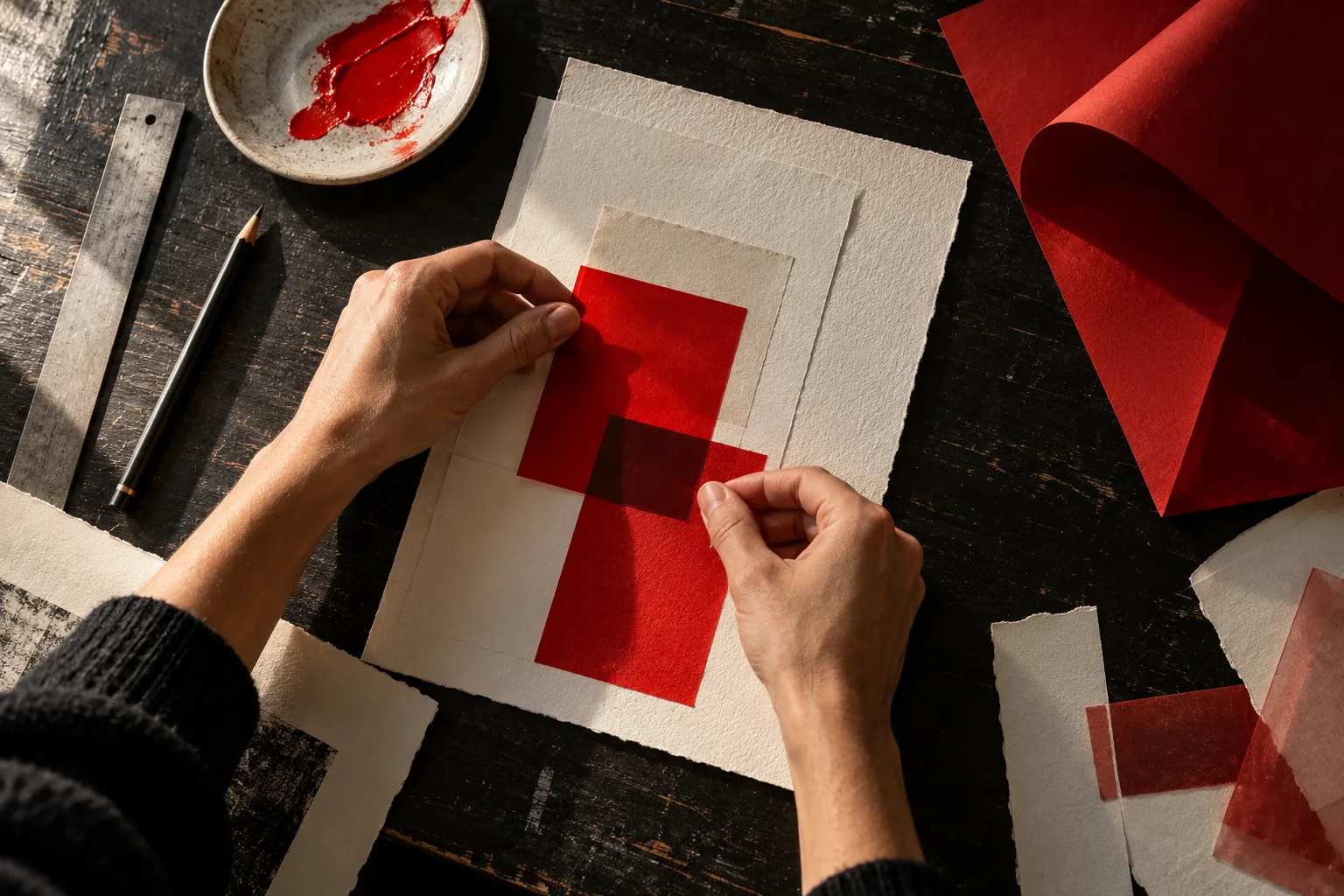 Estudo visual: mãos alinhando acetato vermelho e papel texturizado sobre uma mesa de trabalho.